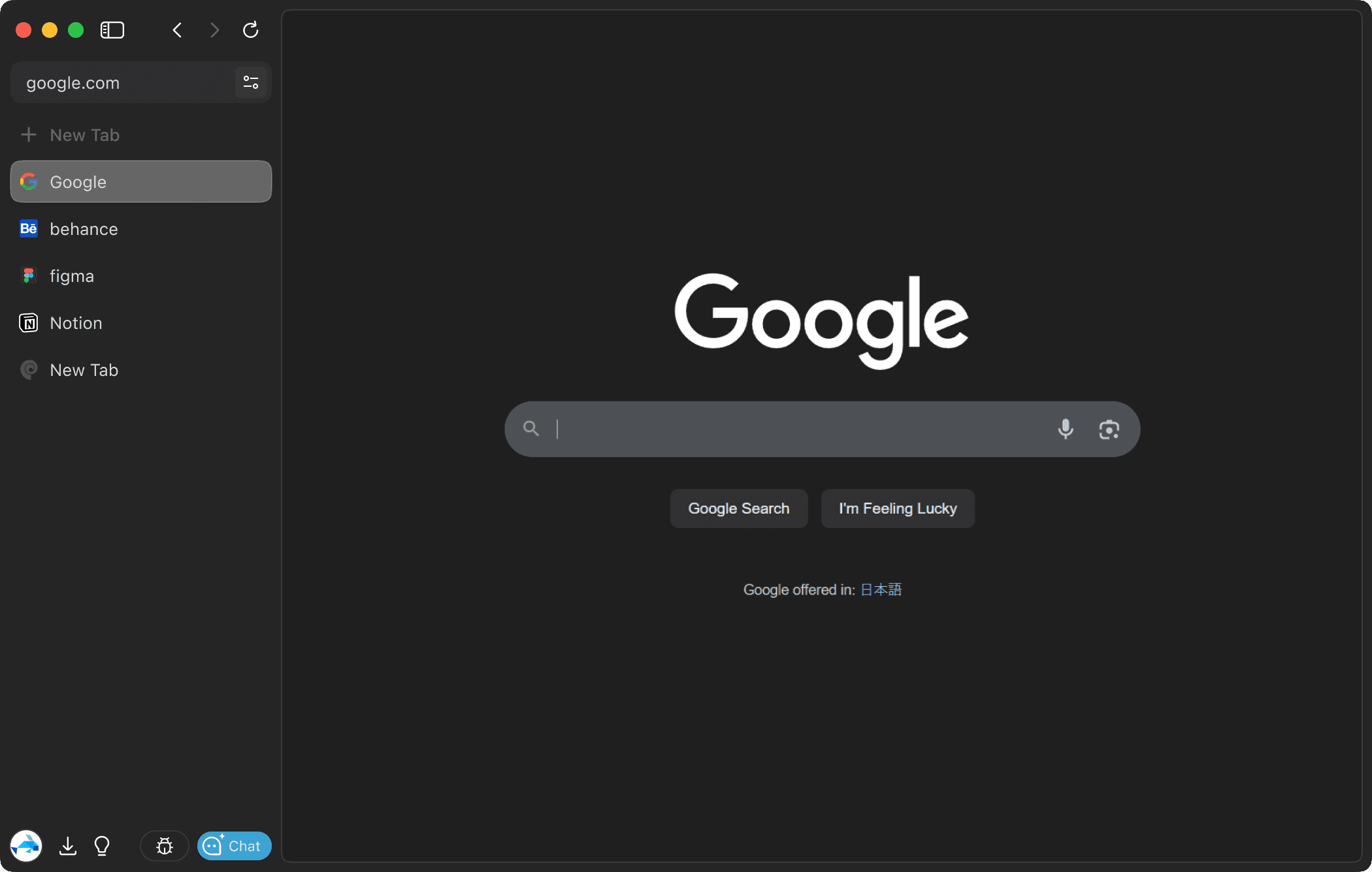 Phi Browser in dark mode showing Google's homepage with a search bar and sidebar tabs including Behance, Figma, and Notion.
